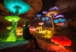 The canyons of AlUla in Saudi are glowing with colorful illuminated mushrooms that are giving us the Vibes of Alice in Wonderland!