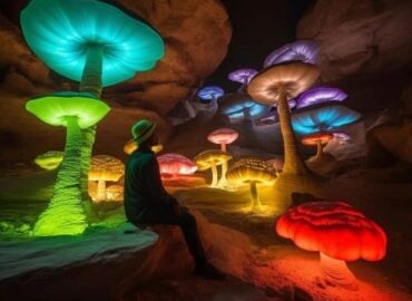 The canyons of AlUla in Saudi are glowing with colorful illuminated mushrooms that are giving us the Vibes of Alice in Wonderland!