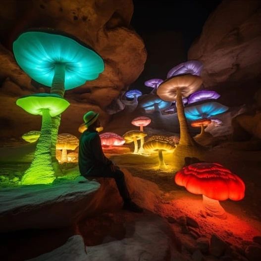 The canyons of AlUla in Saudi are glowing with colorful illuminated mushrooms that are giving us the Vibes of Alice in Wonderland!