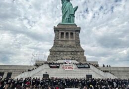 Calling for a truce in the Israel-Hamas conflict in the Gaza Strip, hundreds of demonstrators—many of whom were affiliated with Jewish Voice for Peace—staged a sit-in at the Statue of Liberty in New York yesterday.