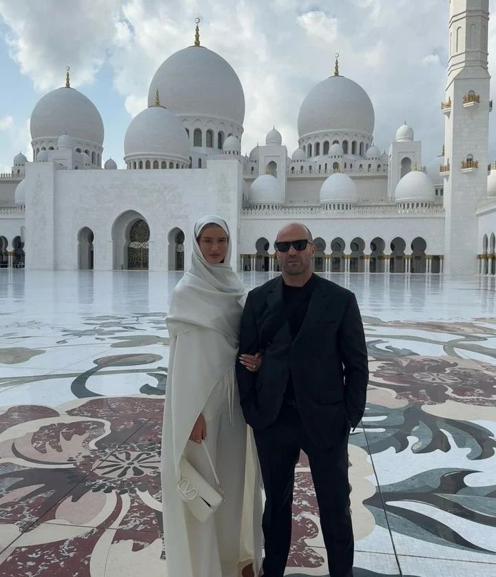 Jason Statham and wife Rosie HW seen at the Grand Mosque in Abu Dhabi.