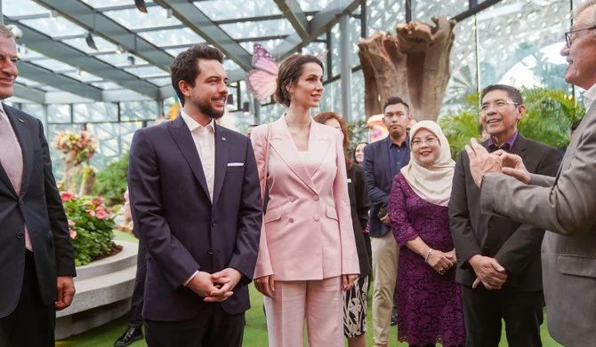 Jordan’s Crown Prince Hussein bin Abdullah and Princess Rajwa Al-Hussein were present at Gardens by the Bay in Singapore on Friday to celebrate the opening of a Jordanian exhibition.