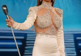 Lebanese star Nawal El Zoghbi in a captivating dress by fashion designer Georges Farah during the stars TV appearance for eid in Lebanon.