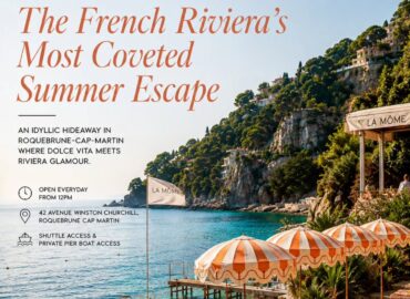 Nestled within a secluded cove on the shores of Roquebrune-Cap-Martin, La Môme Riviera is quickly becoming one of the Côte d’Azur’s most coveted summer destinations. Overlooking crystal-clear Mediterranean waters and framed by lush Riviera landscapes, the beach club effortlessly blends laid-back luxury with timeless French glamour.