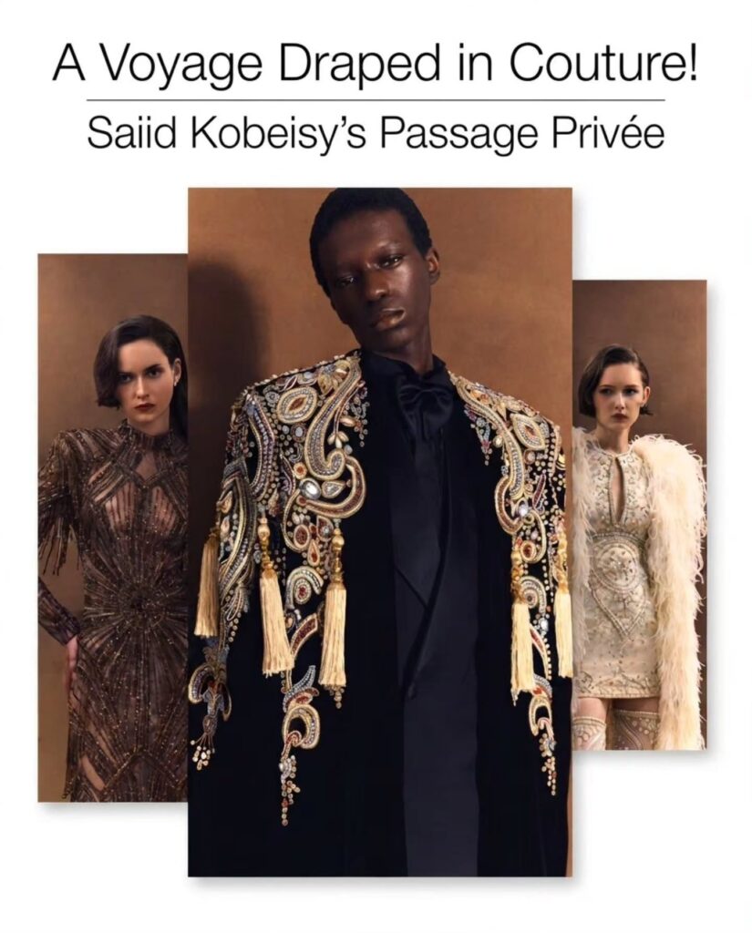 From departure to destination, every silhouette tells a story. For Fall/Winter 2026–2027 Haute Couture, Saiid Kobeisy unveils 'Passage Privé'—a poetic journey through the elegance of the early twentieth century, where Art Deco influences, cinematic storytelling, and masterful craftsmanship converge. Rich velvets, metallic French lace, fluid draping, and intricate embellishments unfold in a collection that celebrates transformation, proving that true couture is not simply worn—it is lived, experienced, and remembered long after the final look.