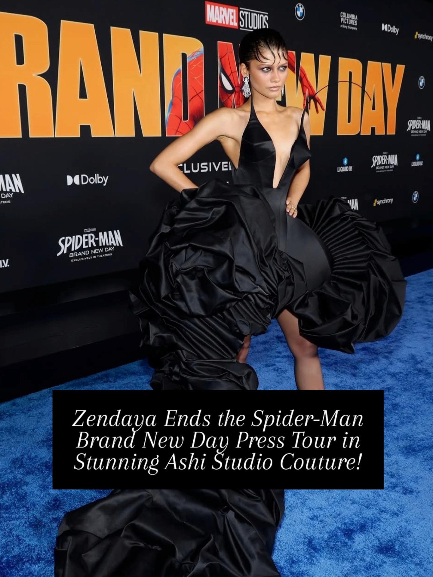 In an Ashi Studio dress once again, Zendaya saved the best for last.  Serving another masterclass in modern couture, she closed out the SpiderManBrandNewDay press tour with a look that was equal parts dramatic, elegant, and unforgettable. From the impeccable silhouette to the intricate detailing, every appearance has been a fashion moment—but this finale might just be the standout of them all.